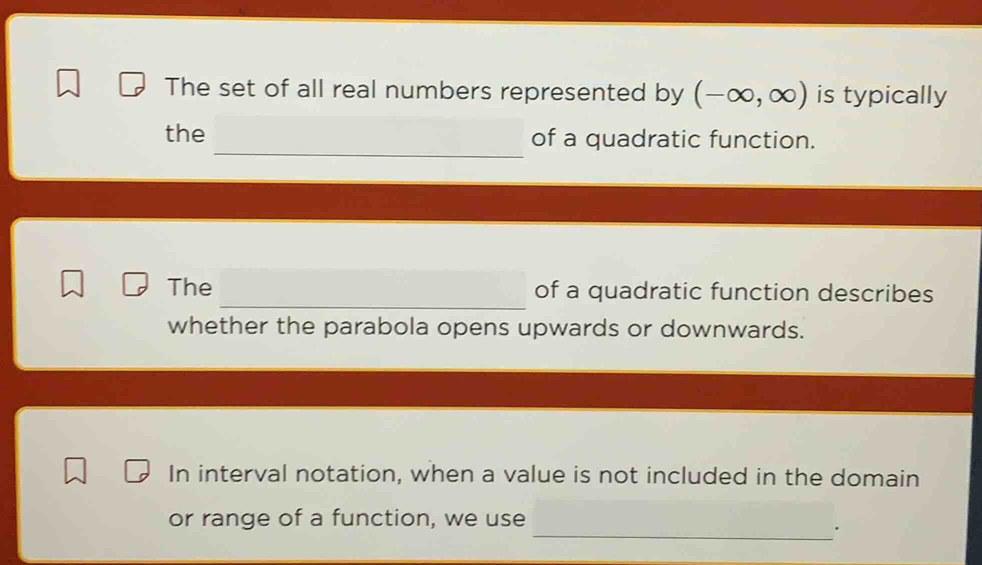 1. the set of all real numbers represented by $(-\\infty, \\infty)$ is …