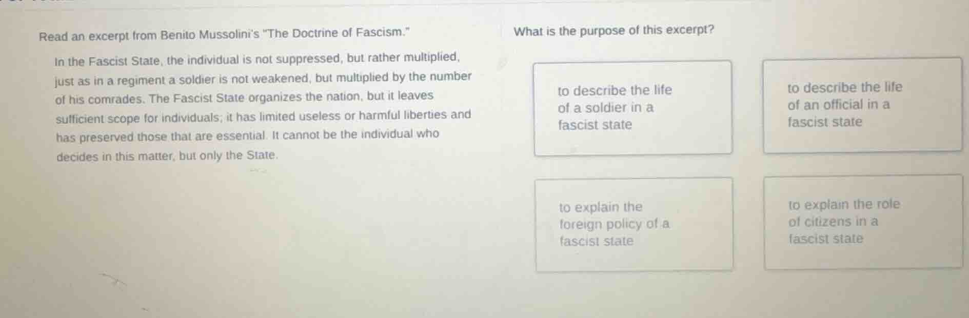read an excerpt from benito mussolinis \the doctrine of fascism.\ in th…