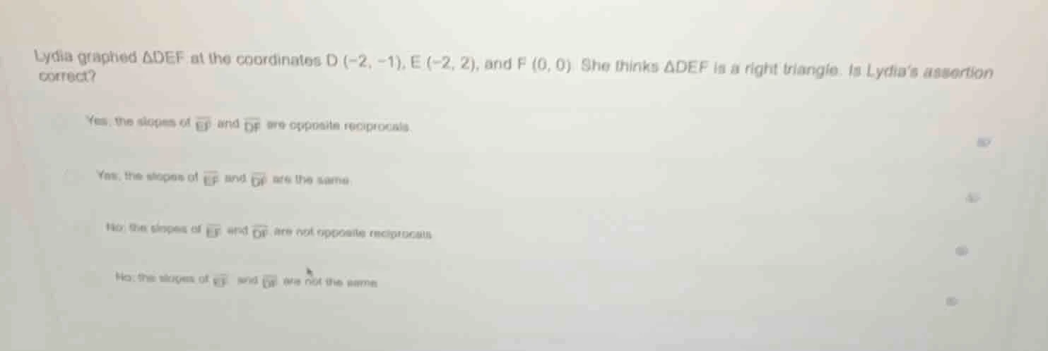 lydia graped $delta def$ at the coordinates $d (-2, -1)$, $e (-2, 2)$, …