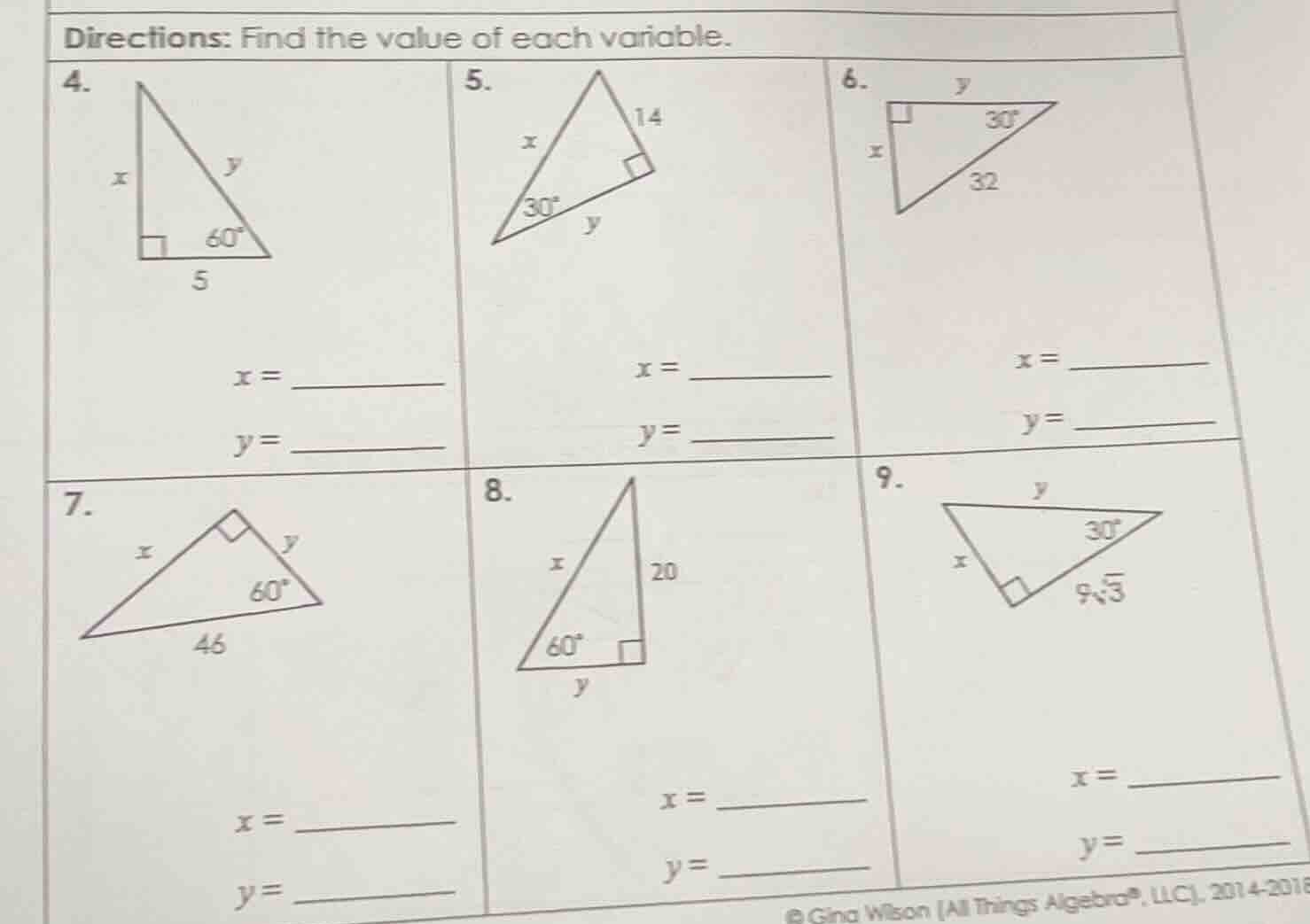 directions: find the value of each variable. 4. $x = \\underline{\\quad…