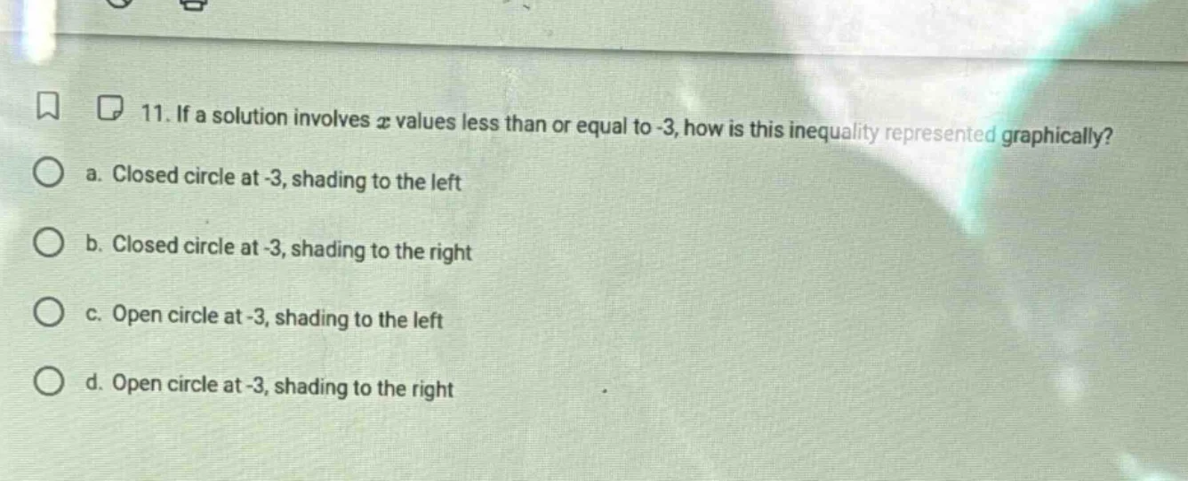 11. if a solution involves $x$ values less than or equal to -3, how is …