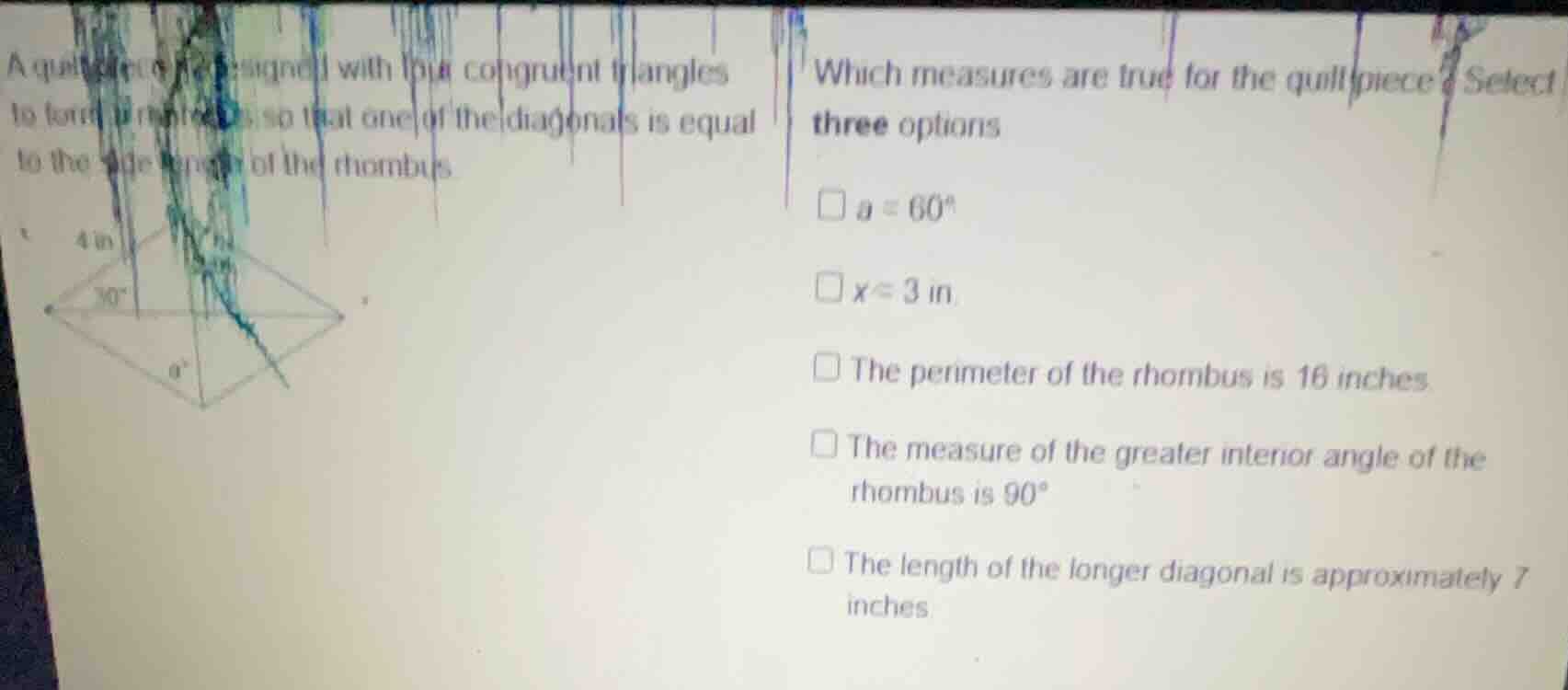 a quilt piece is designed with four congruent triangles to form a rhomb…