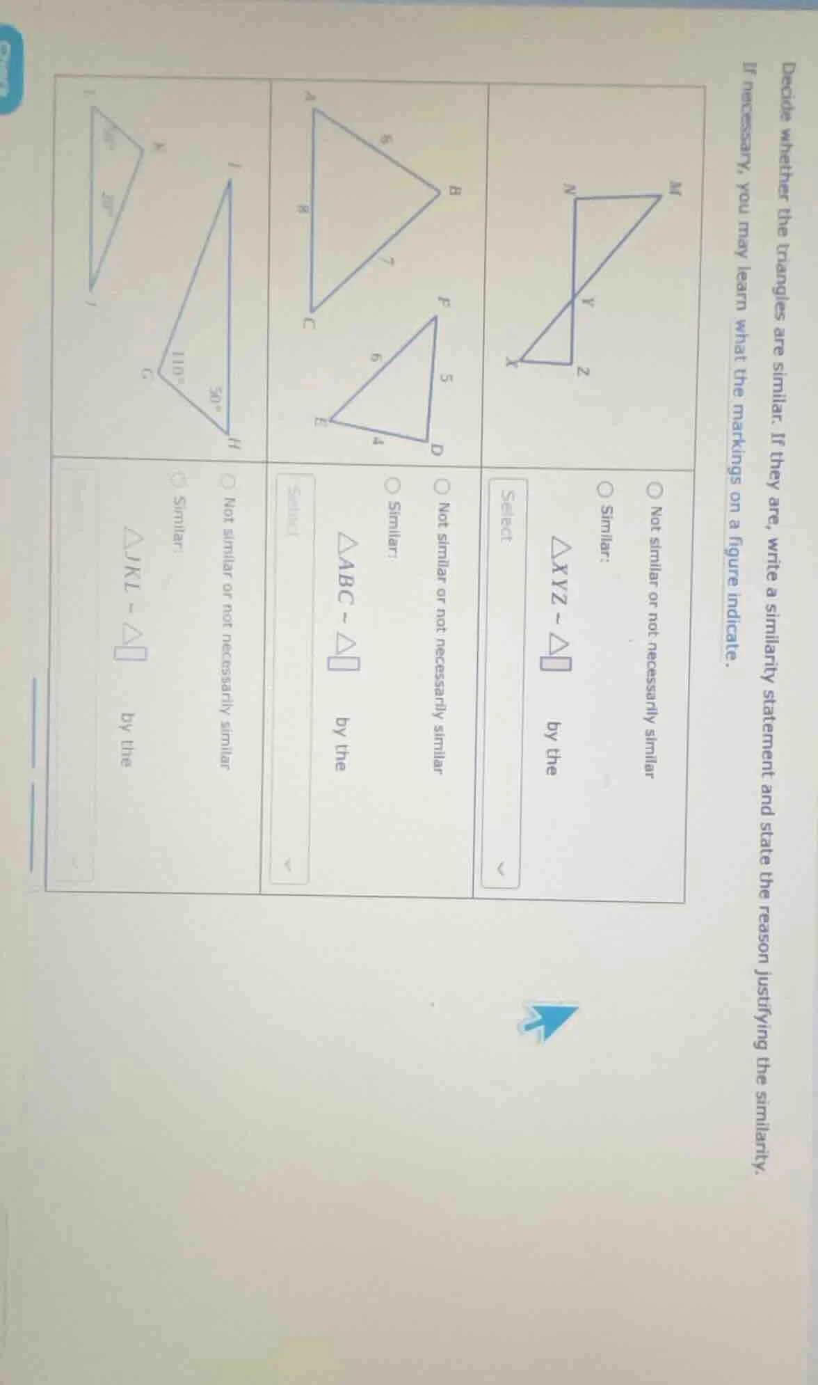 decide whether the triangles are similar. if they are, write a similari…