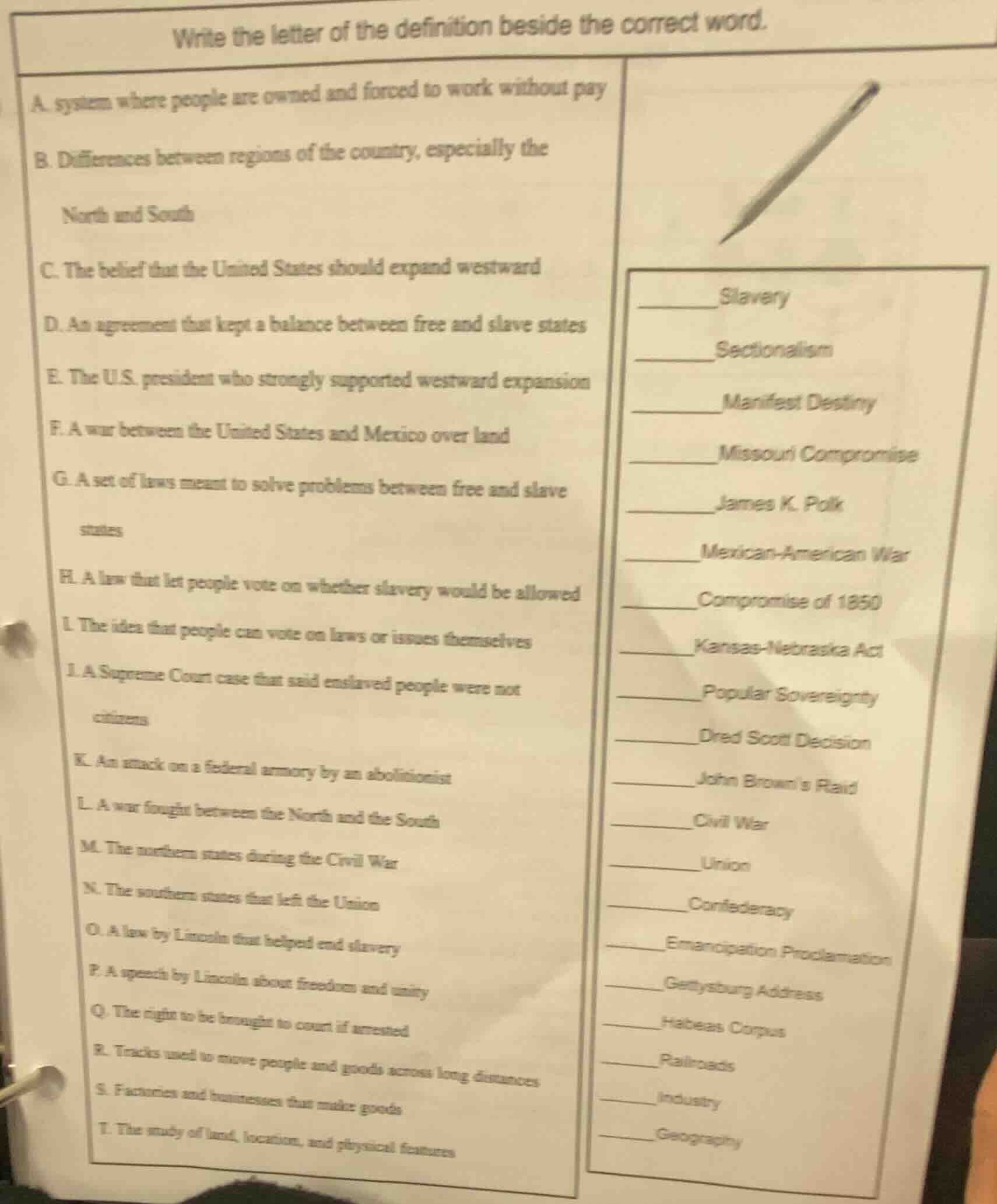 write the letter of the definition beside the correct word. a. system w…