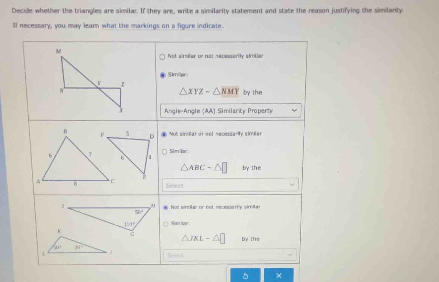 decide whether the triangles are similar. if they are, write a similari…