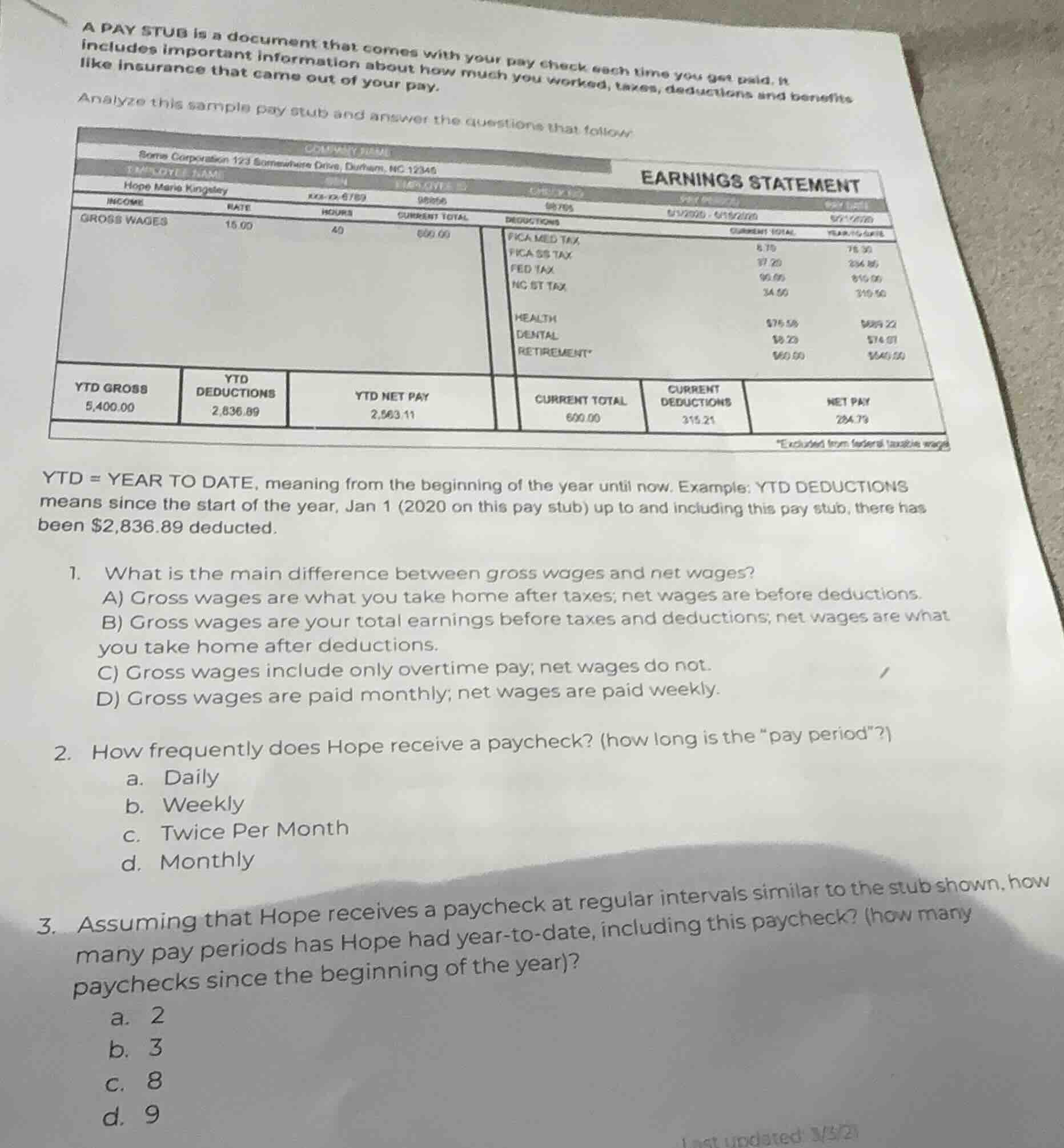 a pay stub is a document that comes with your pay check each time you g…
