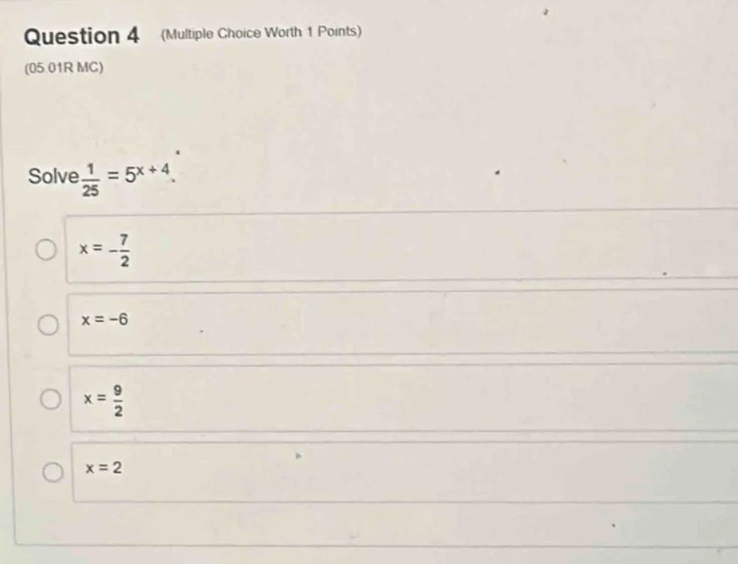 question 4 (multiple choice worth 1 points)(05.01r mc)solve $\frac{1}{2…