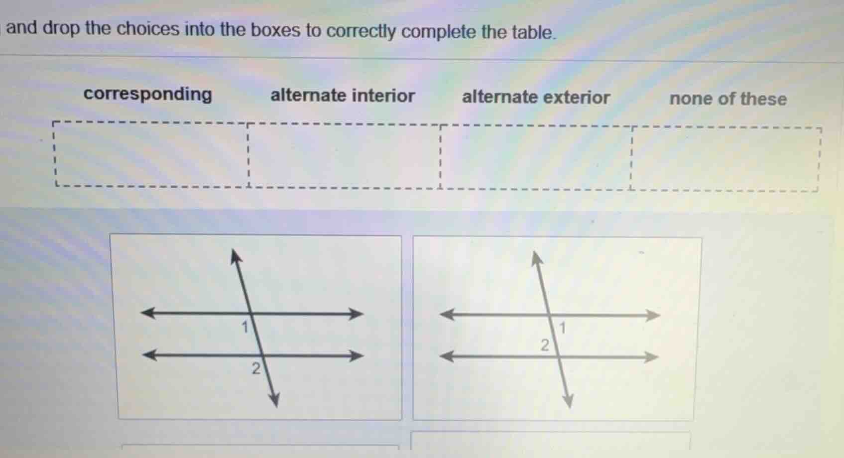 and drop the choices into the boxes to correctly complete the table. co…