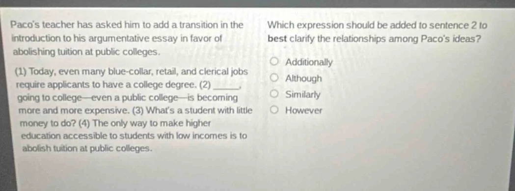 pacos teacher has asked him to add a transition in the introduction to …