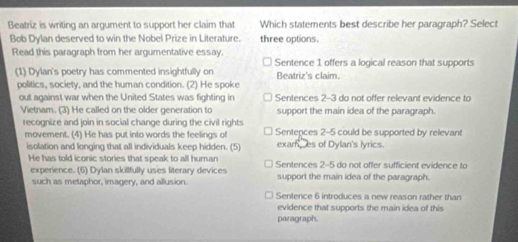 beatriz is writing an argument to support her claim that bob dylan dese…