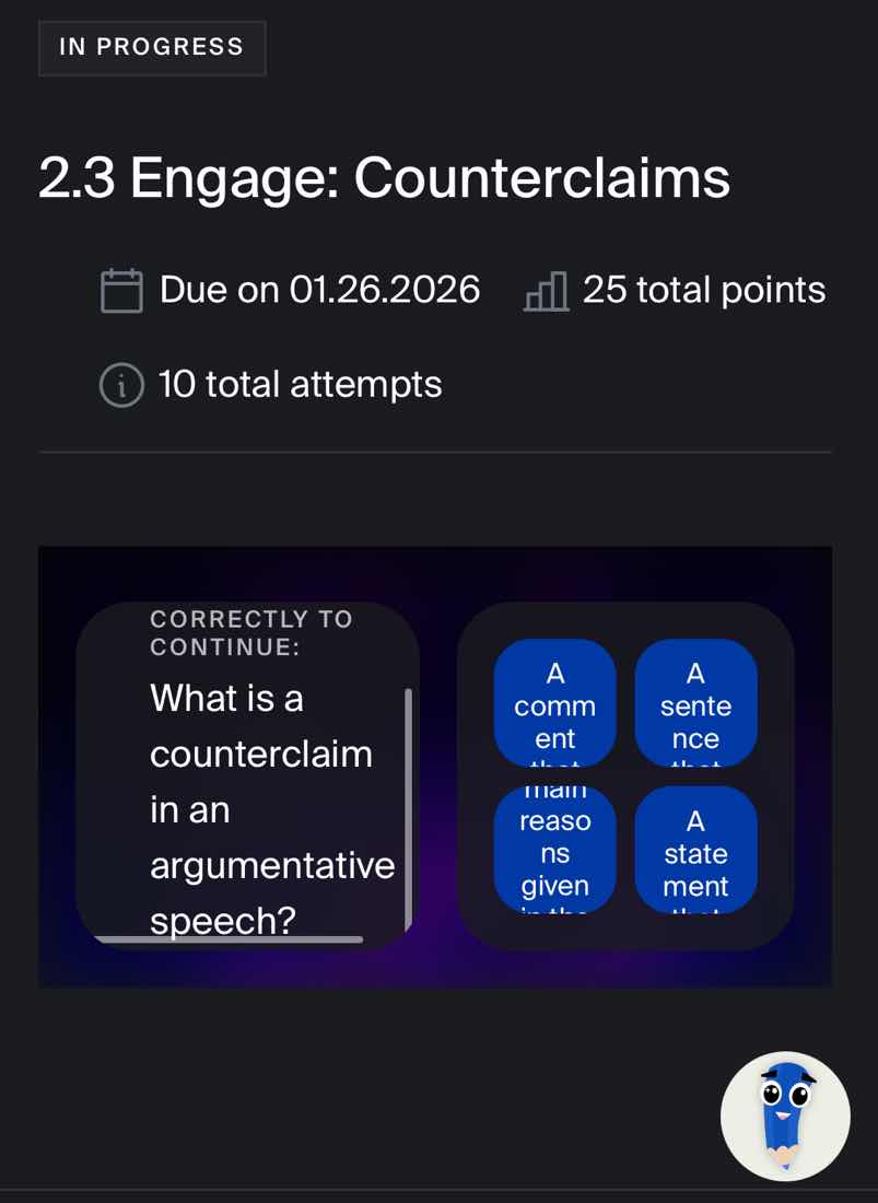 in progress 2.3 engage: counterclaims due on 01.26.2026 25 total points…