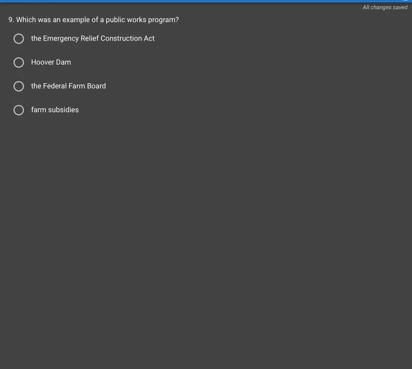 9. which was an example of a public works program? the emergency relief…