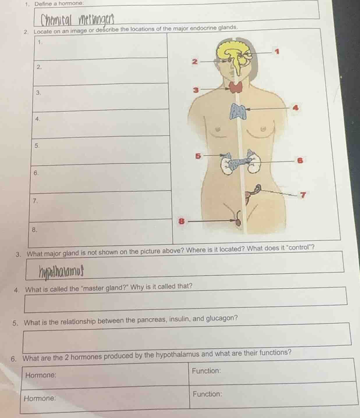 1. define a hormone:2. locate on an image or describe the locations of …