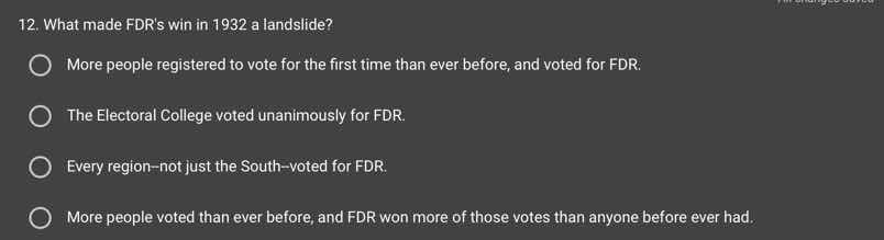 12. what made fdrs win in 1932 a landslide? more people registered to v…