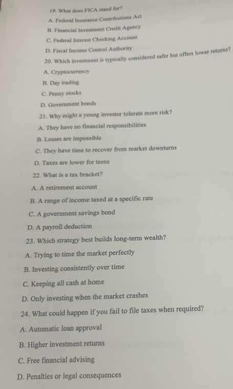 19. what does fica stand for? a. federal insurance contributions act b.…