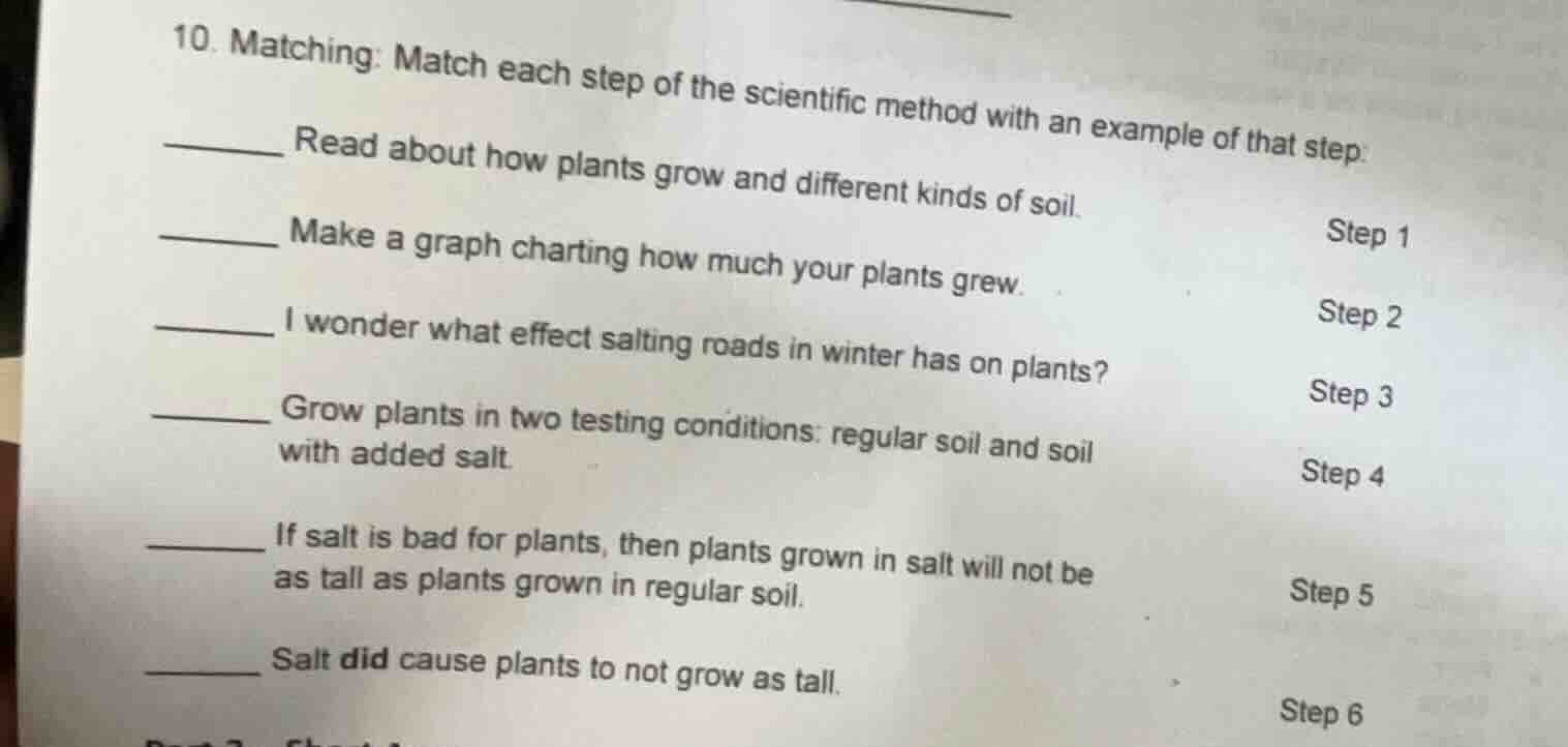 10. matching: match each step of the scientific method with an example …