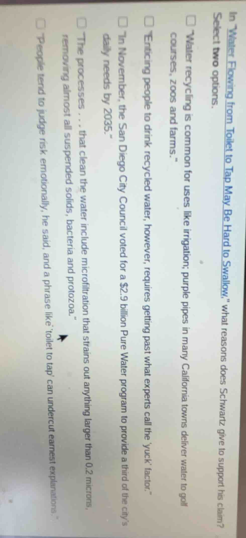 in *water flowing from toilet to tap may be hard to swallow,* what reas…