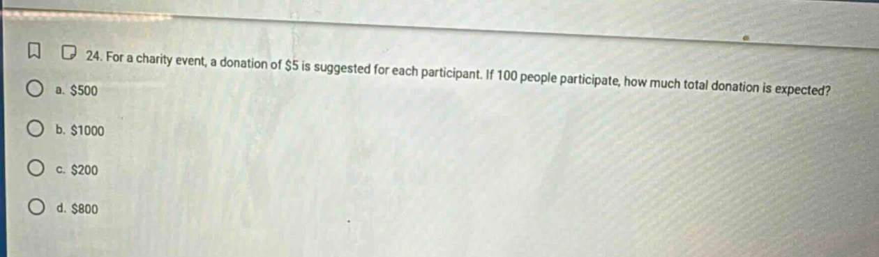 24. for a charity event, a donation of $5 is suggested for each partici…