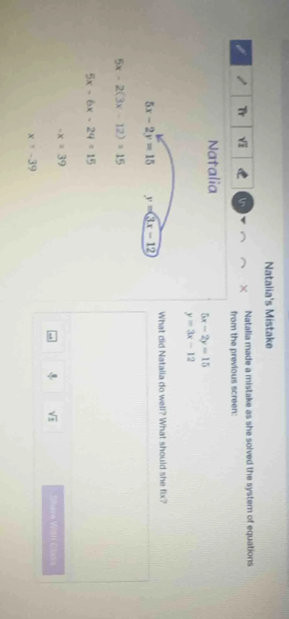 natalias mistake natalia made a mistake as she solved the system of equ…