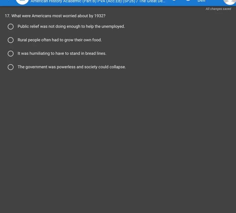 17. what were americans most worried about by 1932? public relief was n…