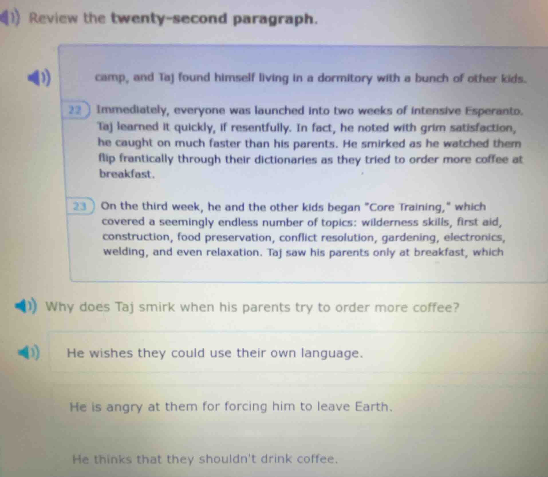 review the twenty-second paragraph. camp, and taj found himself living …