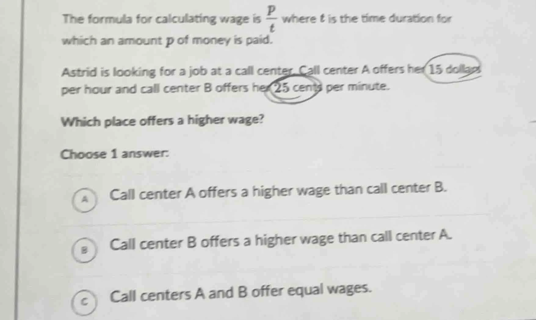 the formula for calculating wage is $\frac{p}{t}$ where $t$ is the time…