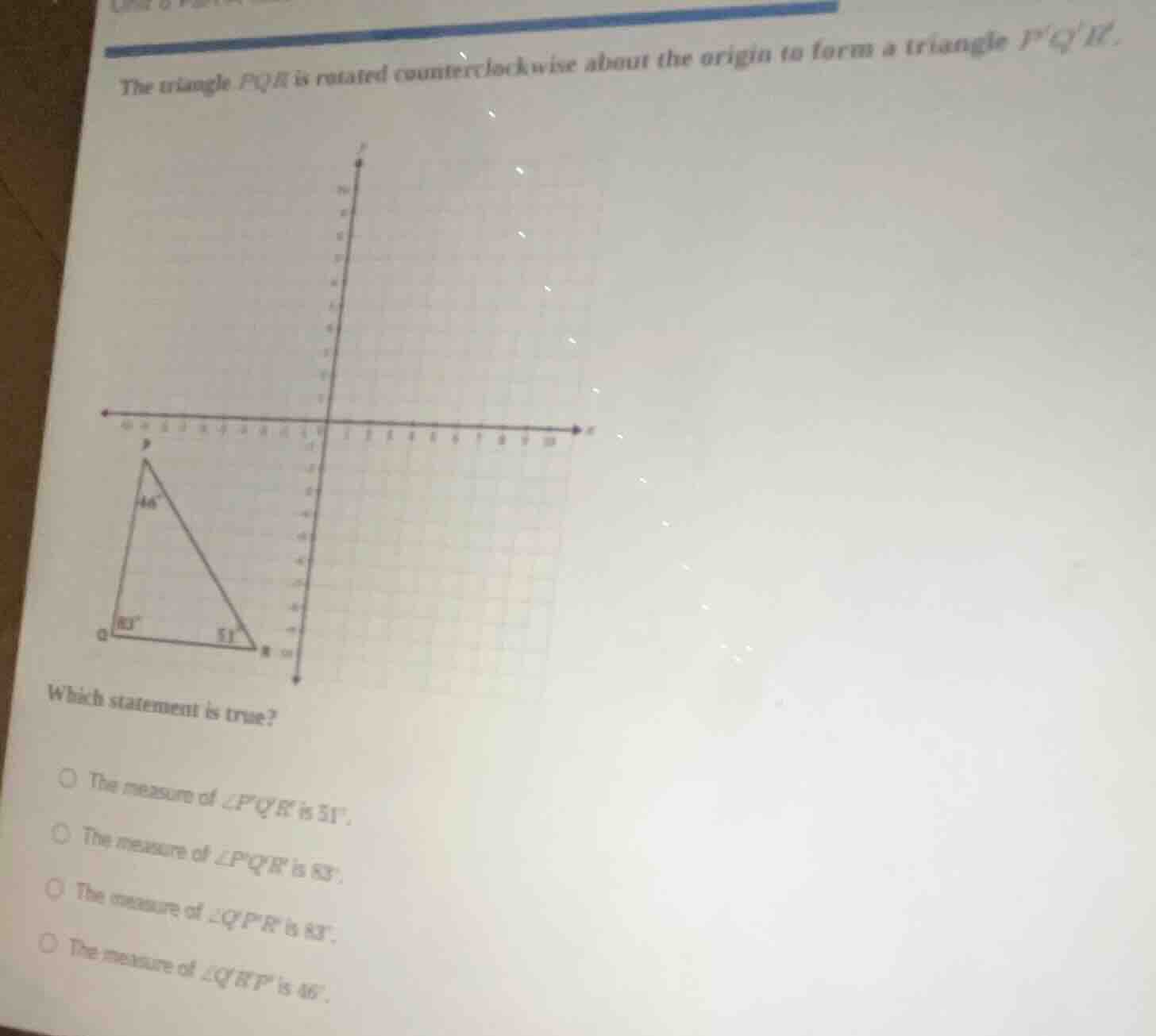 the triangle pqr is rotated counterclockwise about the origin to form a…