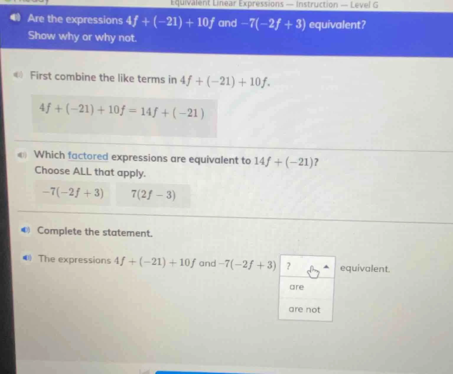 equivalent linear expressions — instruction — level g are the expressio…