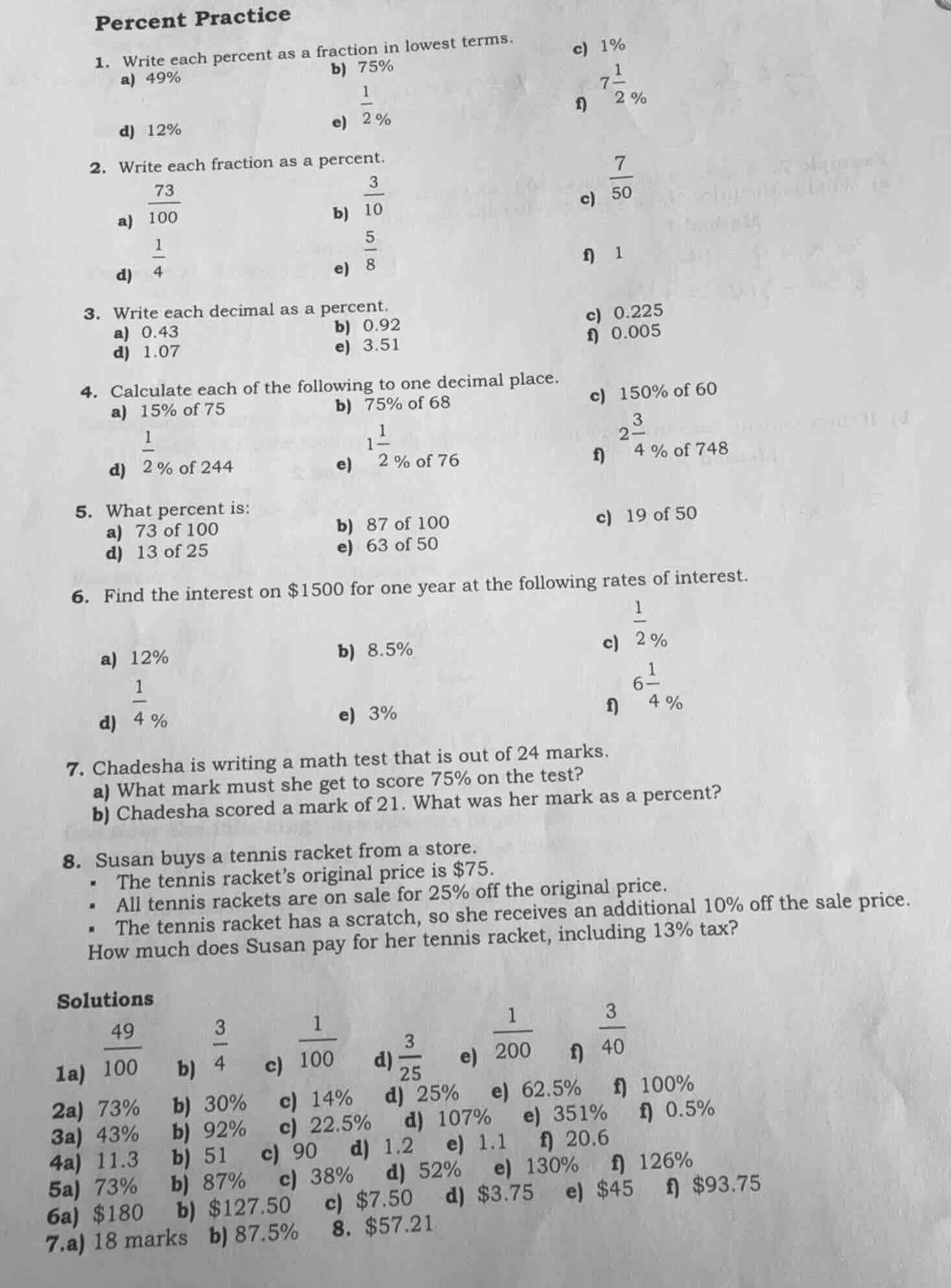 percent practice 1. write each percent as a fraction in lowest terms. a…