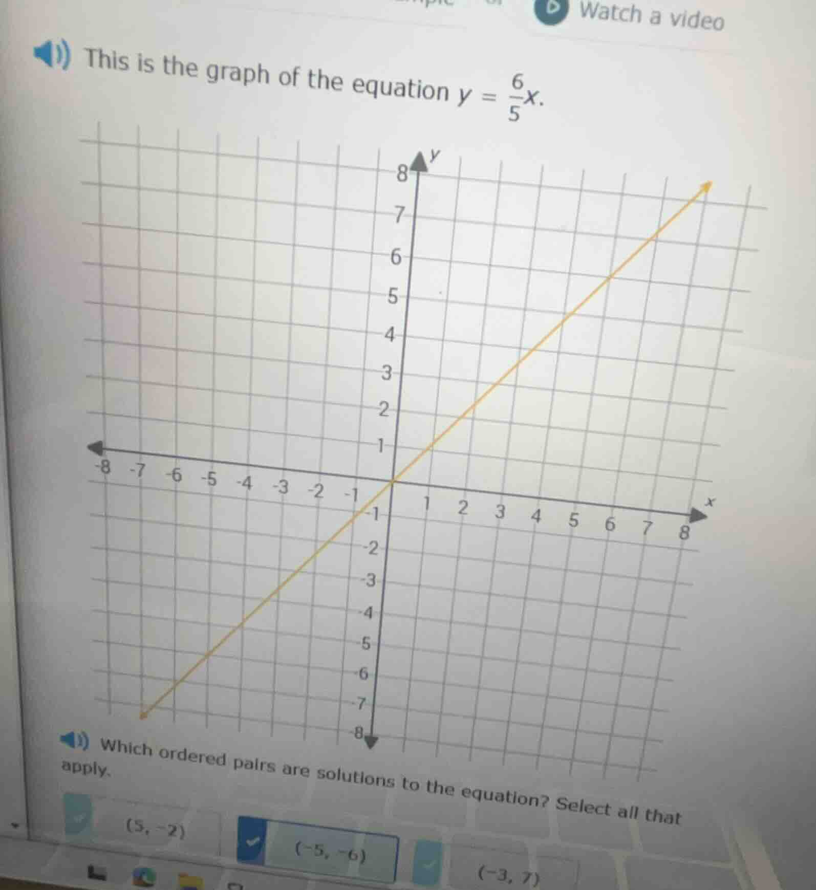 this is the graph of the equation $y = \\frac{6}{5}x$. which ordered pa…