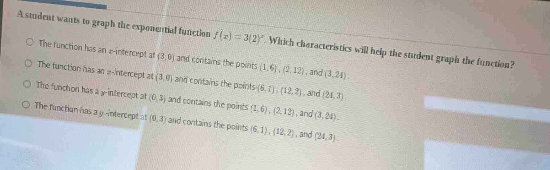 a student wants to graph the exponential function $f(x)=3(2)^x$. which …