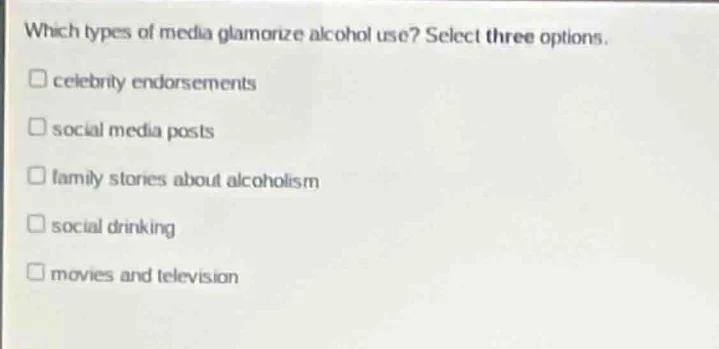 which types of media glamorize alcohol use? select three options. celeb…