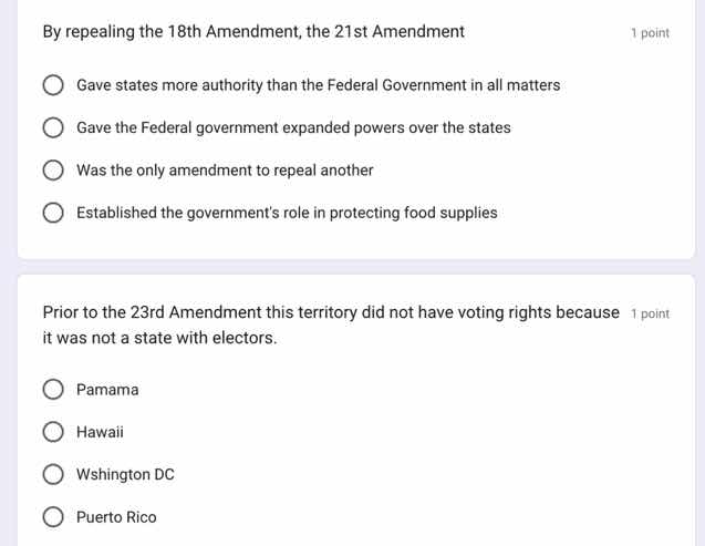 by repealing the 18th amendment, the 21st amendment 1 point gave states…