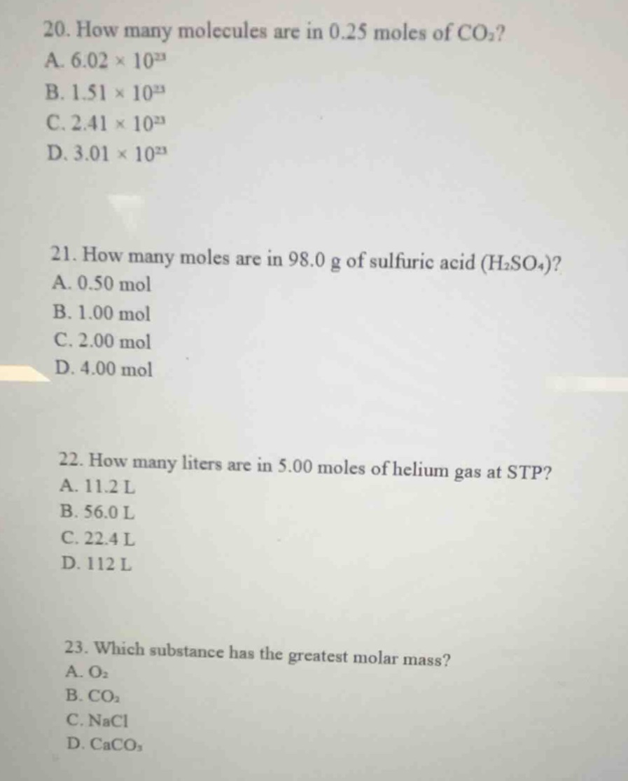 20. how many molecules are in 0.25 moles of co₂? a. $6.02 \\times 10^{2…