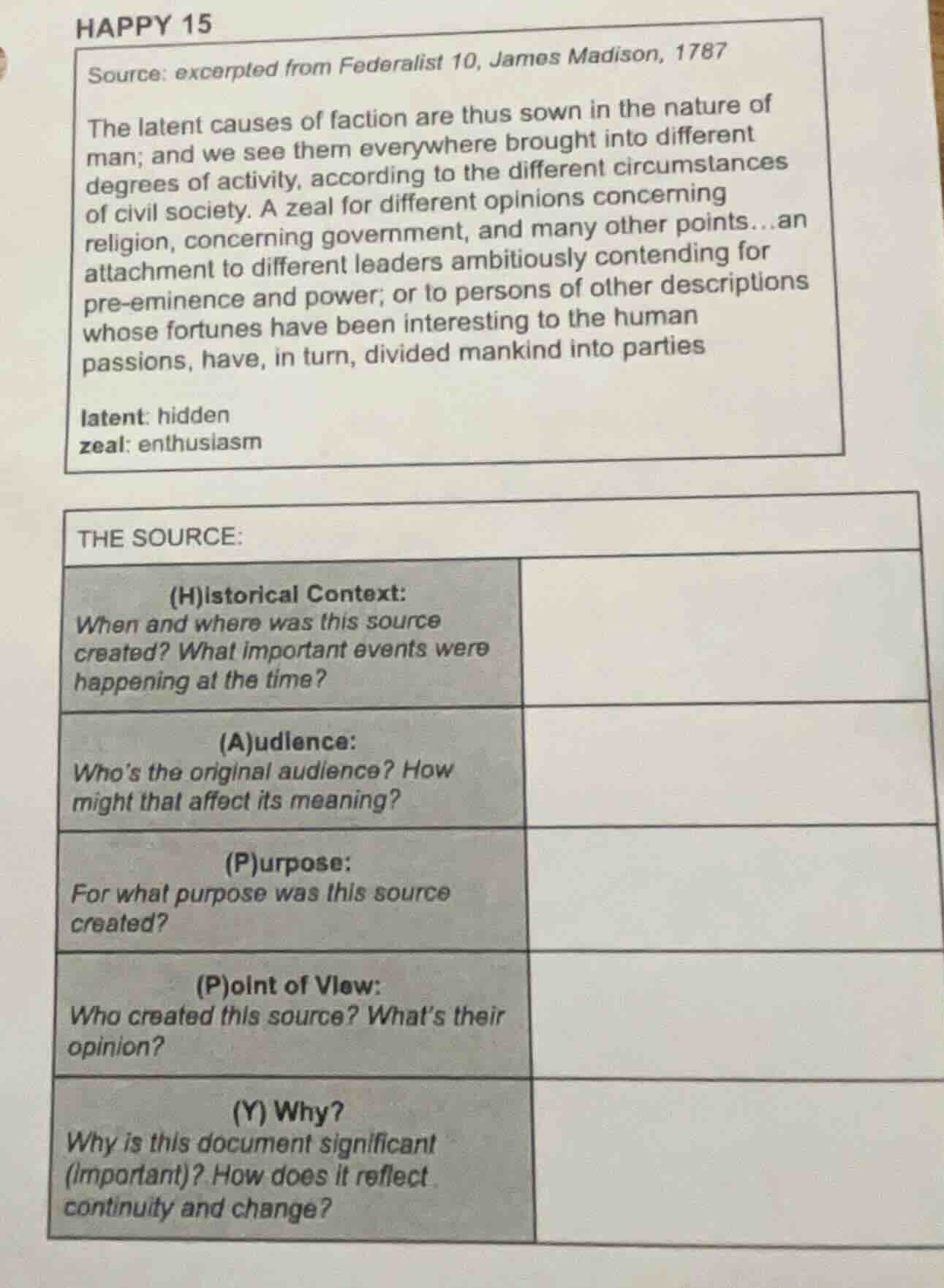 happy 15 source: excerpted from federalist 10, james madison, 1787 the …