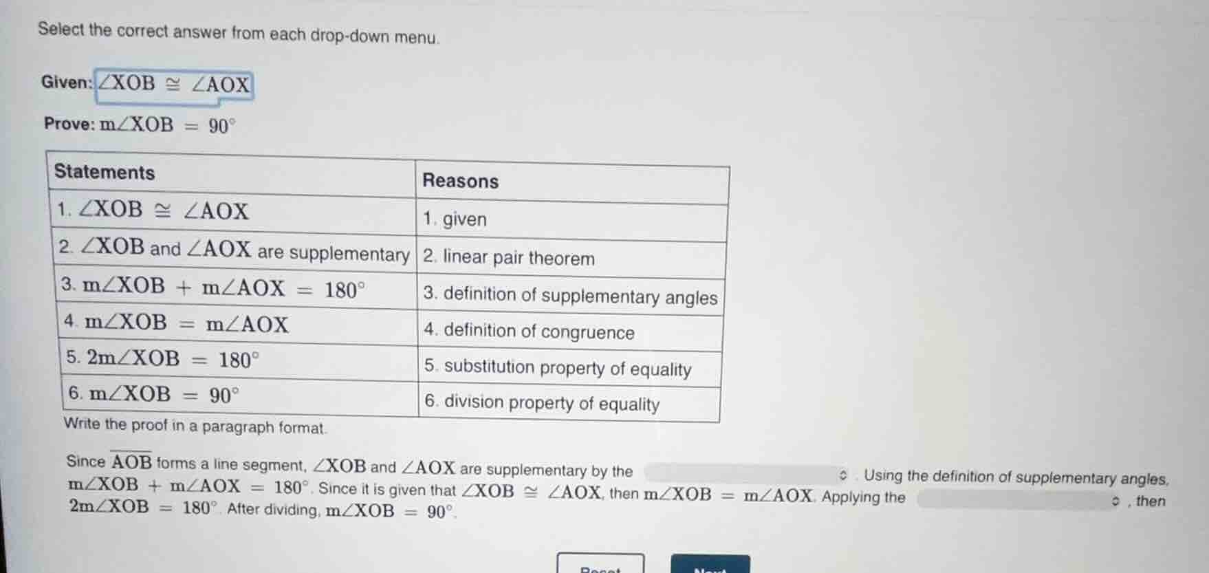 select the correct answer from each drop-down menu. given: $angle xob c…
