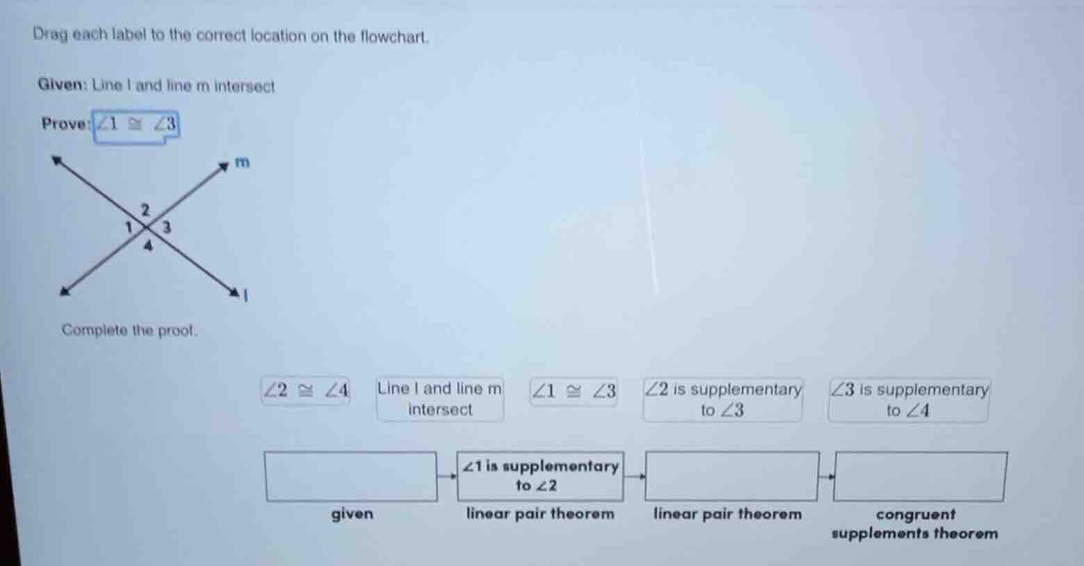 drag each label to the correct location on the flowchart. given: line l…