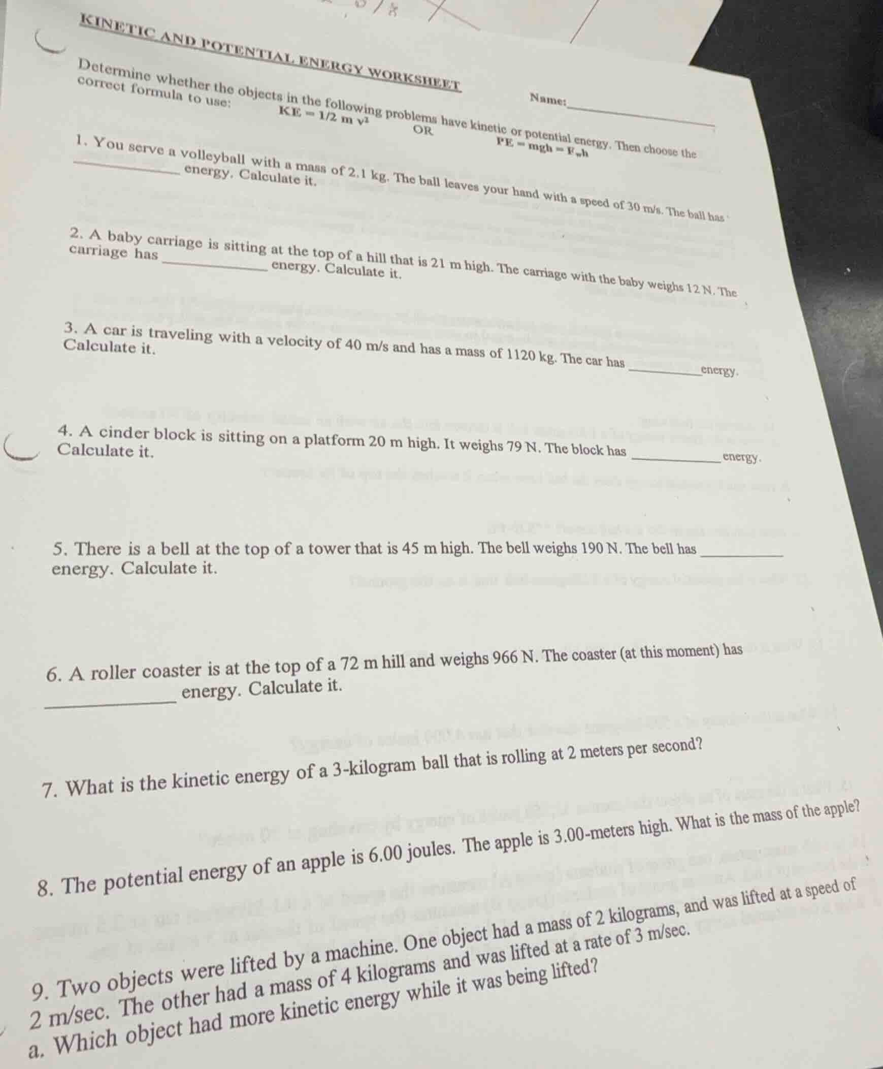 kinetic and potential energy worksheet name:_________________________ d…