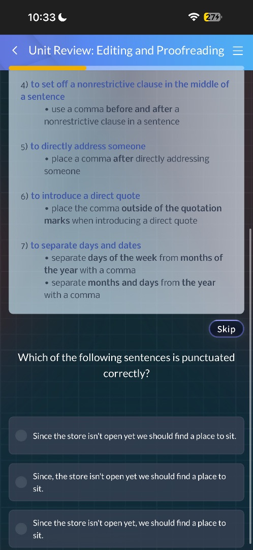 unit review: editing and proofreading 4) to set off a nonrestrictive cl…