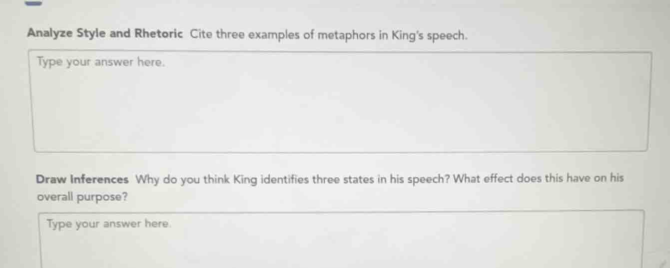 analyze style and rhetoric cite three examples of metaphors in kings sp…