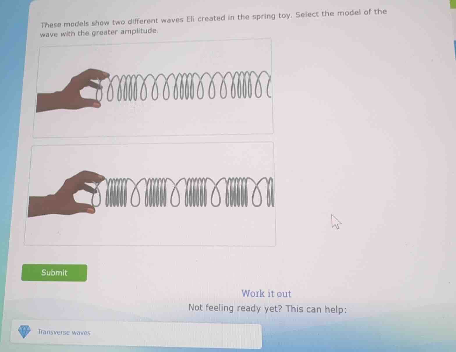 these models show two different waves eli created in the spring toy. se…
