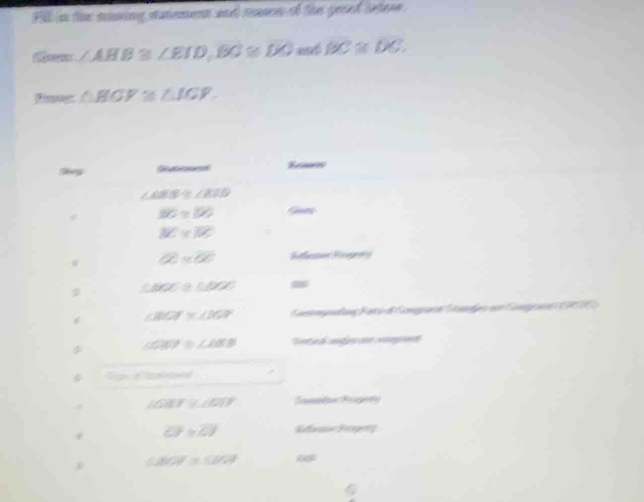 fill in the missing statement and reason of the proof below.given: $ang…