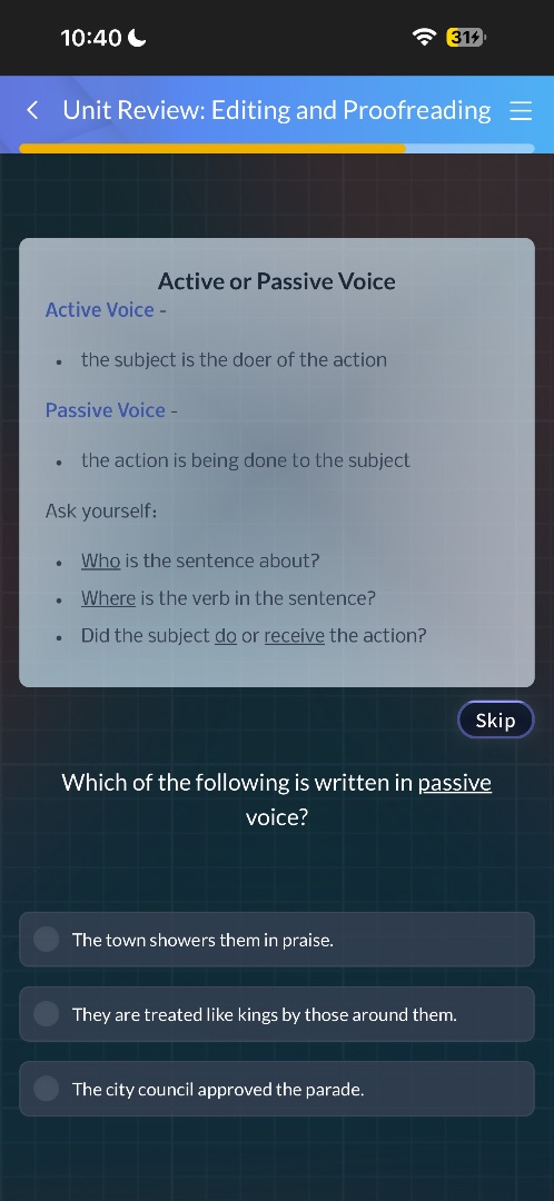 unit review: editing and proofreadingactive or passive voiceactive voic…