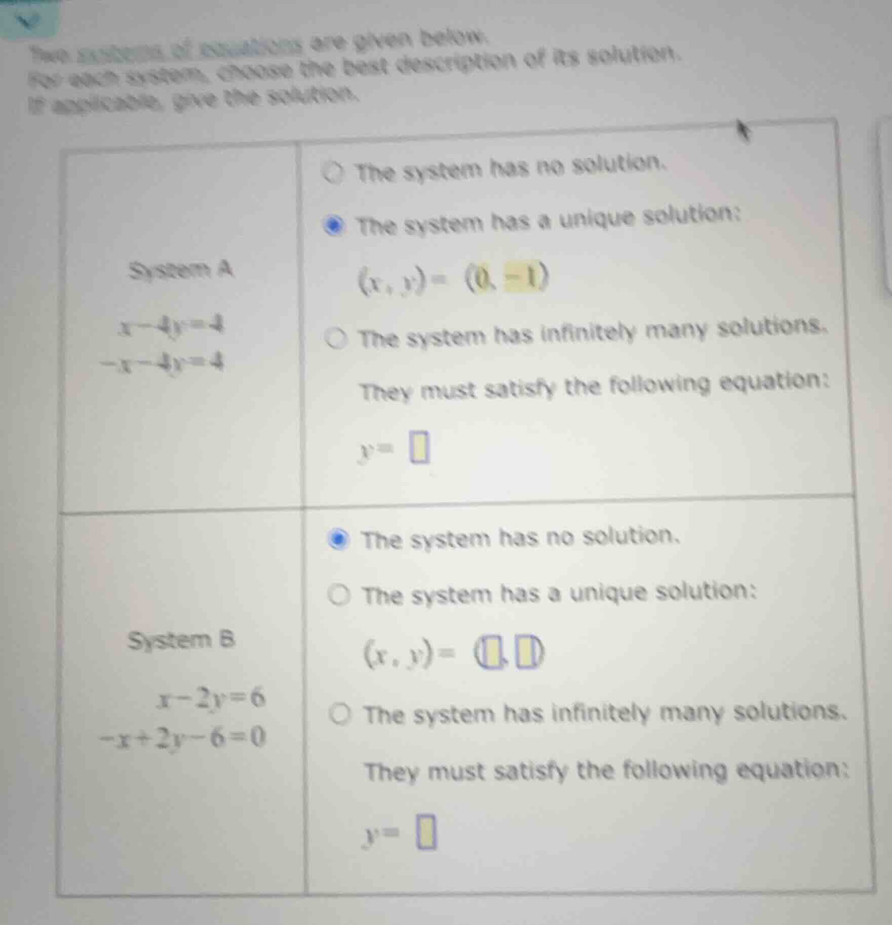 two systems of equations are given below. for each system, choose the b…