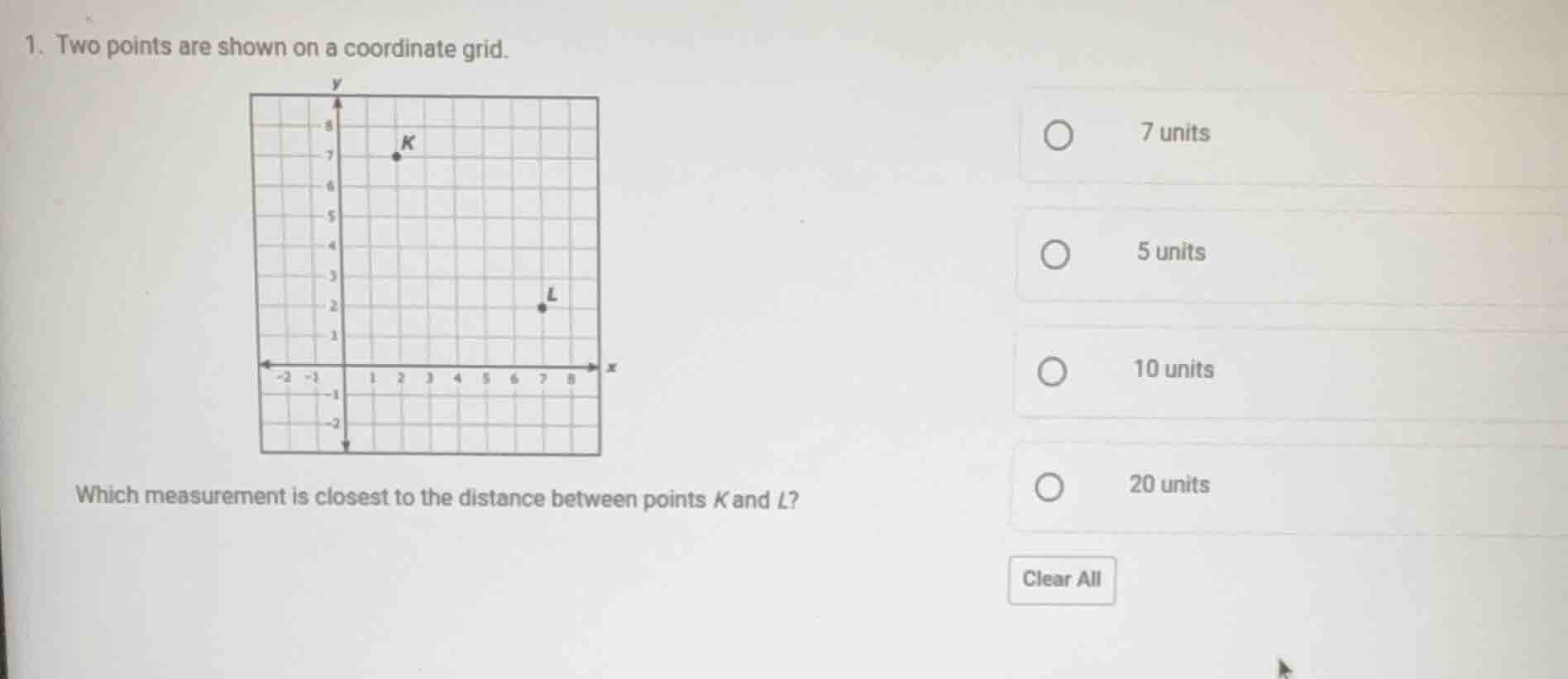 1. two points are shown on a coordinate grid. which measurement is clos…