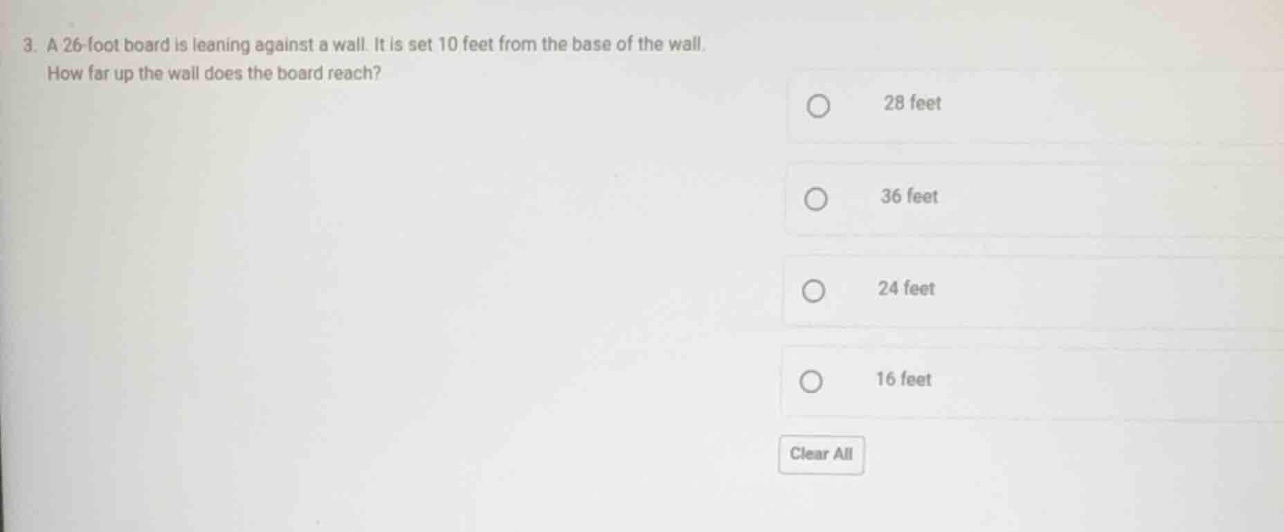 3. a 26-foot board is leaning against a wall. it is set 10 feet from th…