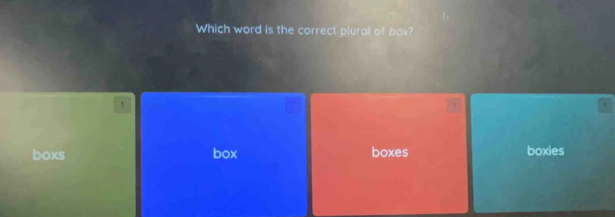 which word is the correct plural of box? boxs box boxes boxies