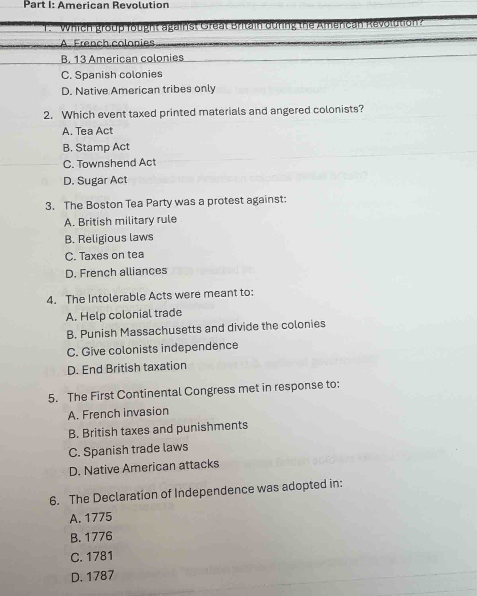 part i: american revolution1. which group fought against great britain …