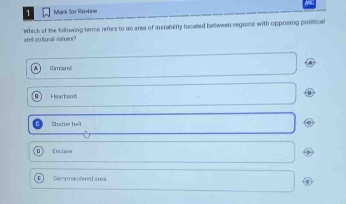 1 mark for review which of the following terms refers to an area of ins…