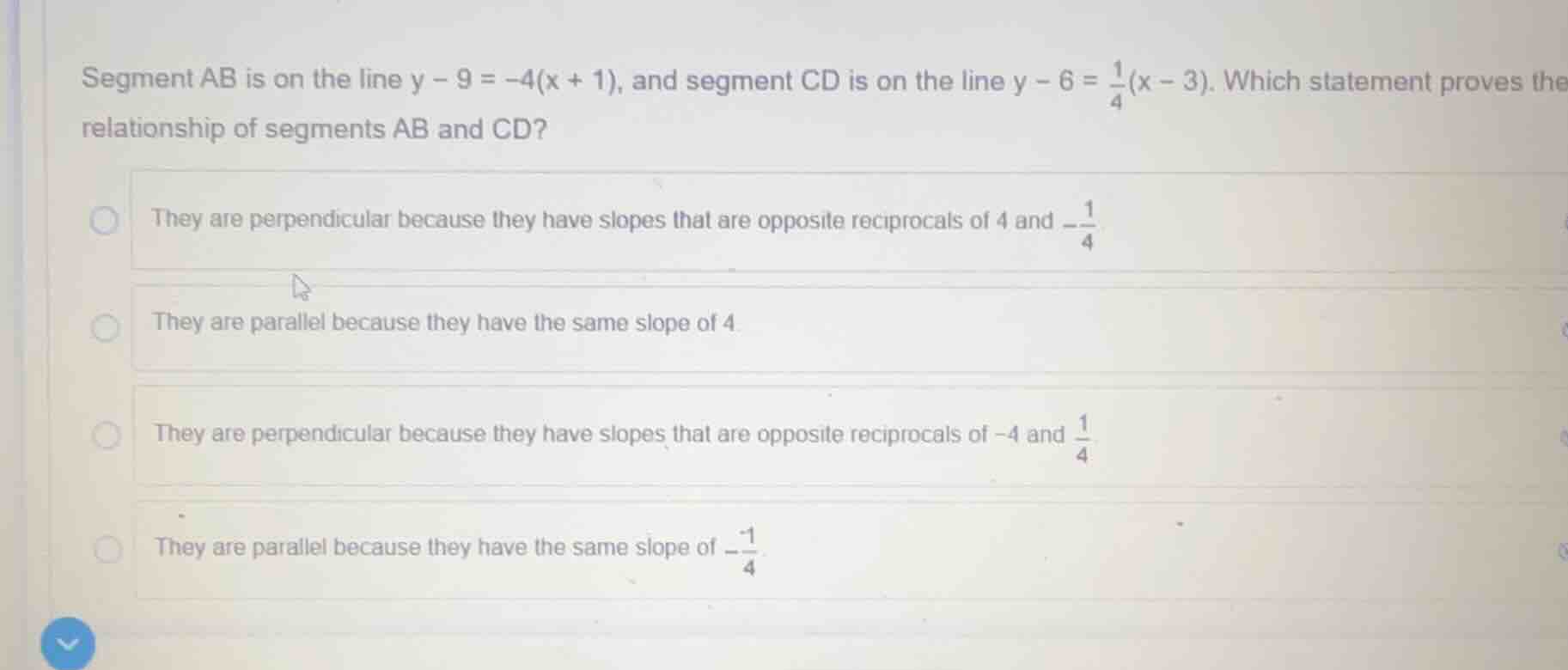 segment ab is on the line $y - 9 = -4(x + 1)$, and segment cd is on the…